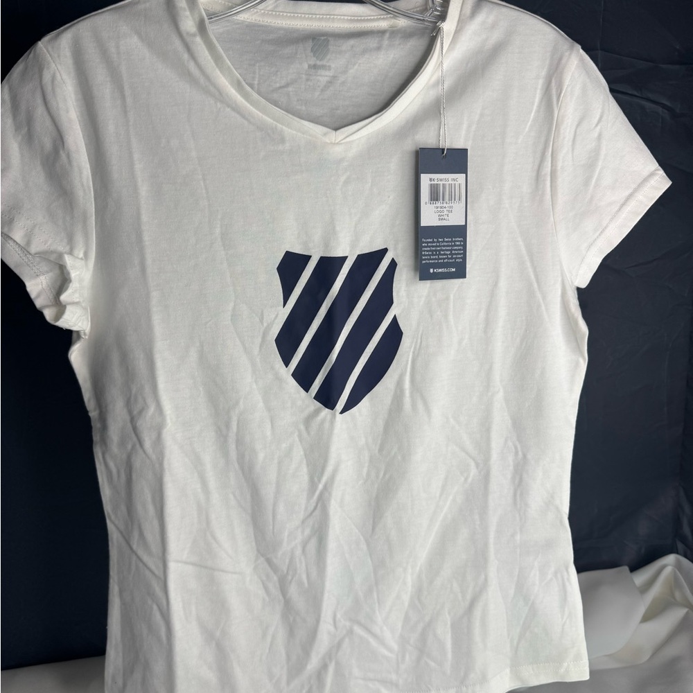 K-Swiss White Tee with Navy Shield Graphic